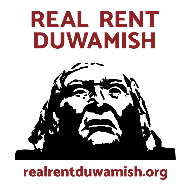 Illustration of Chief Seattle in black on a white background with red text above that says REAL RENT DUWAMISH. At the bottom is red text that says, 